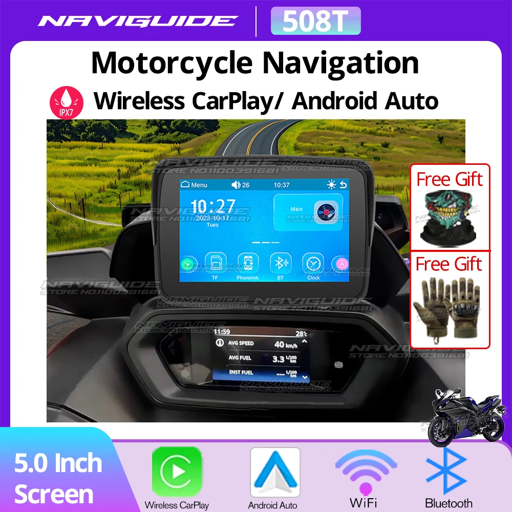 

NAVIGUIDE 508T 5 Inch Wireless Carplay Moto GPS Navi Waterproof Screen Portable Motorcycle Android Auto Monitor WiFi Dual BT