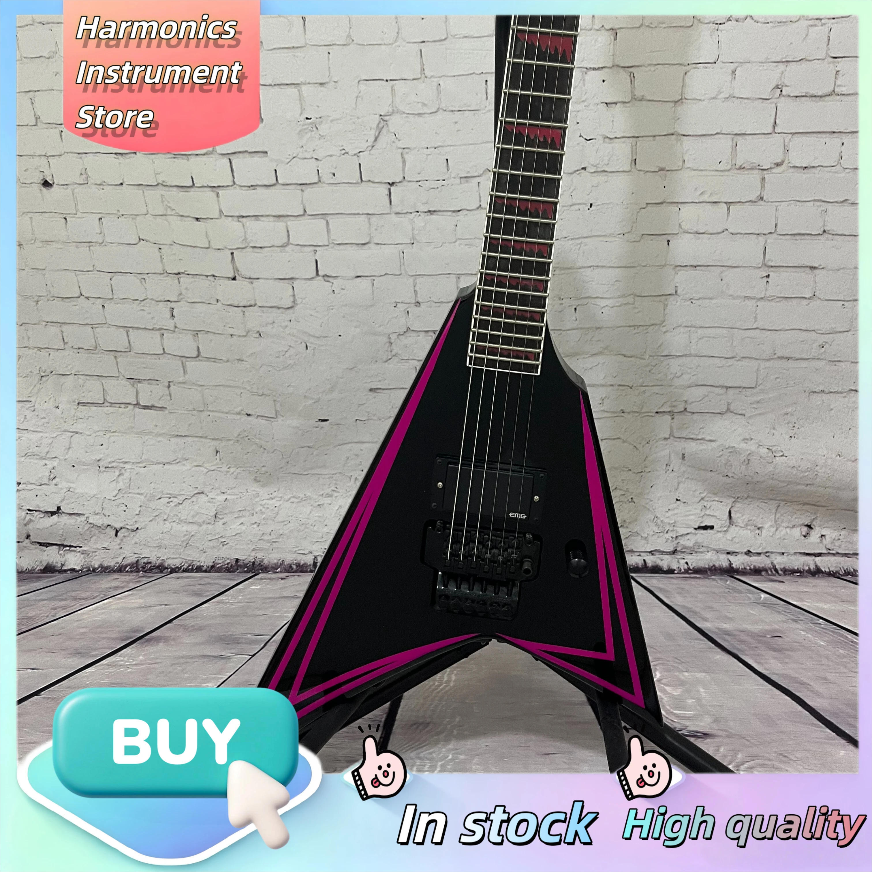 V‑Style 6‑String Electric Guitar Black Body with Pink Geometric Inlay Double Tremolo Bridge Hard Rock & Metal Stage Performance