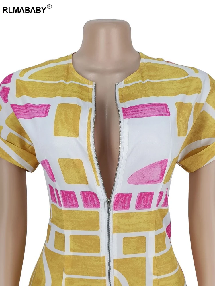 RLMABABY повседневный женский облегающий комбинезон на молнии с короткими рукавами и принтом, сексуальная уличная одежда для девочек, тонкие комбинезоны, комбинезон