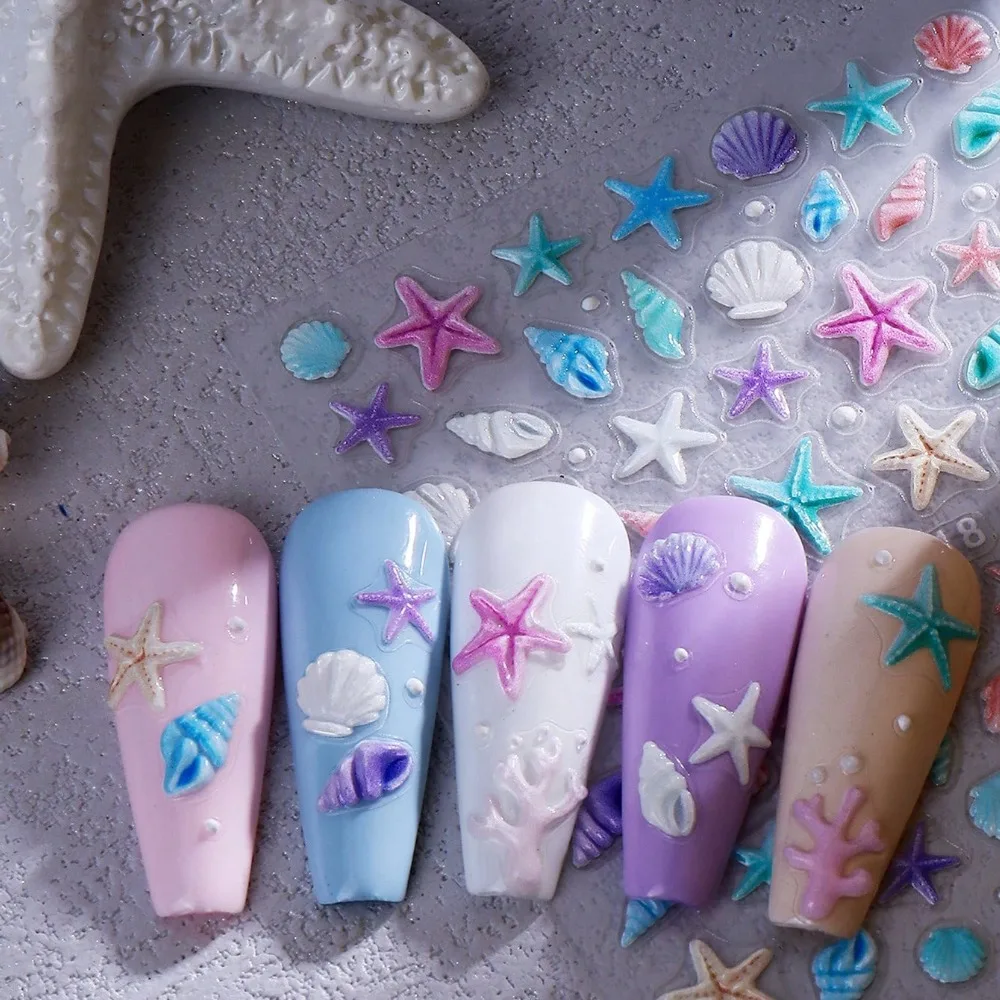 2PCS 5D Embossed Ocean Shell Star Nail Stickers, Multi-Colored Gradient Decals, Nail Art Supplies for Summer Beach Party