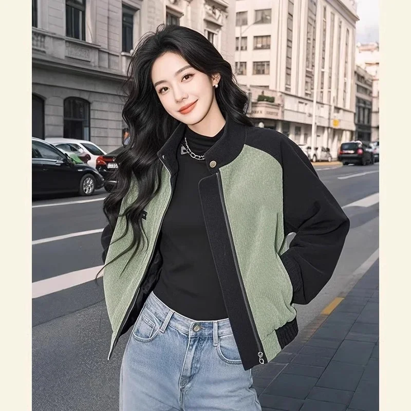 Good-looking Small Fragrant Wind Coat for Women's Short Green Corduroy Thick Coat Autumn Winter New Jacket Baseball Uniform
