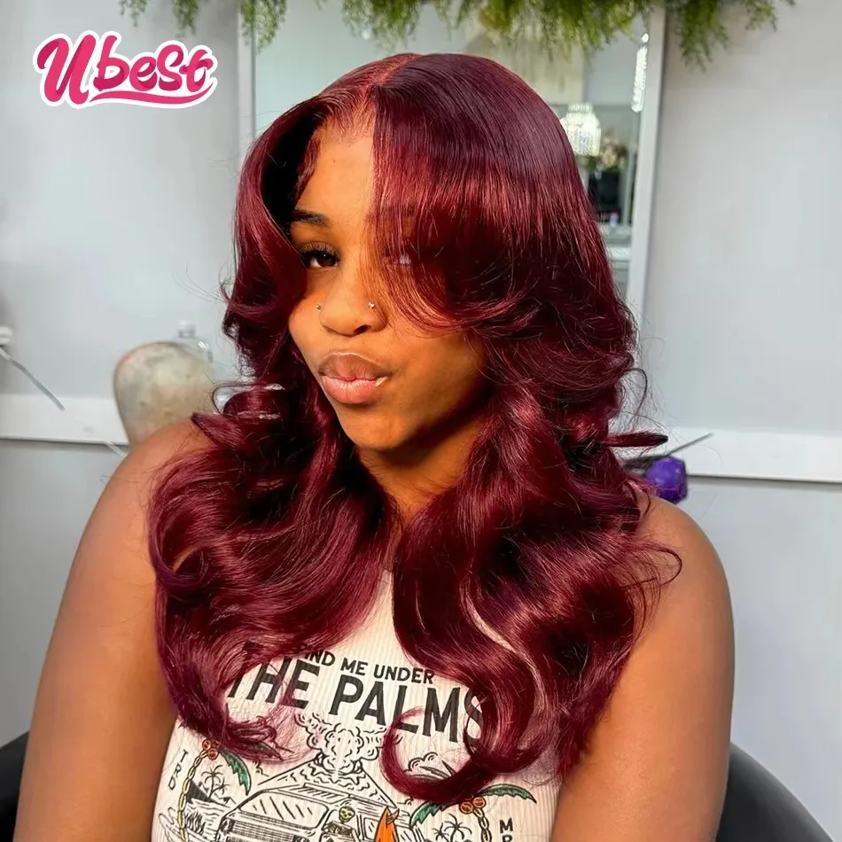 

Ubest 13X6 Transparent Lace Front Wigs Body Wave Human Hair 99J Burgundy Red Colored 5X5 Lace Wig Pre Plucked For Black Women