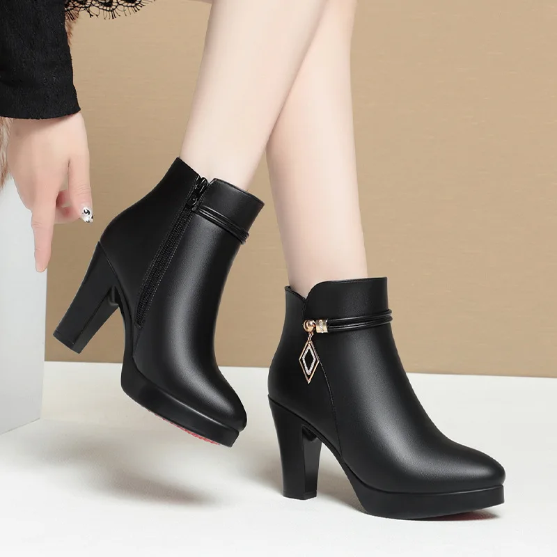 6cm 9cm Elegant Comfortable Med Block Heels Soft Leather Boots Winter Shoes 2025 All Match Womens Short Ankle Boots Office Mom