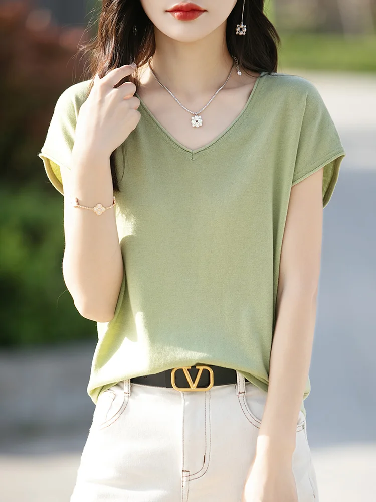 New Chic Women V-neck T-shirt Basic Soft Silk Wool Short Sleeve Pullover Sweater 30% Merino Wool Knitwear Korean Popular Tops