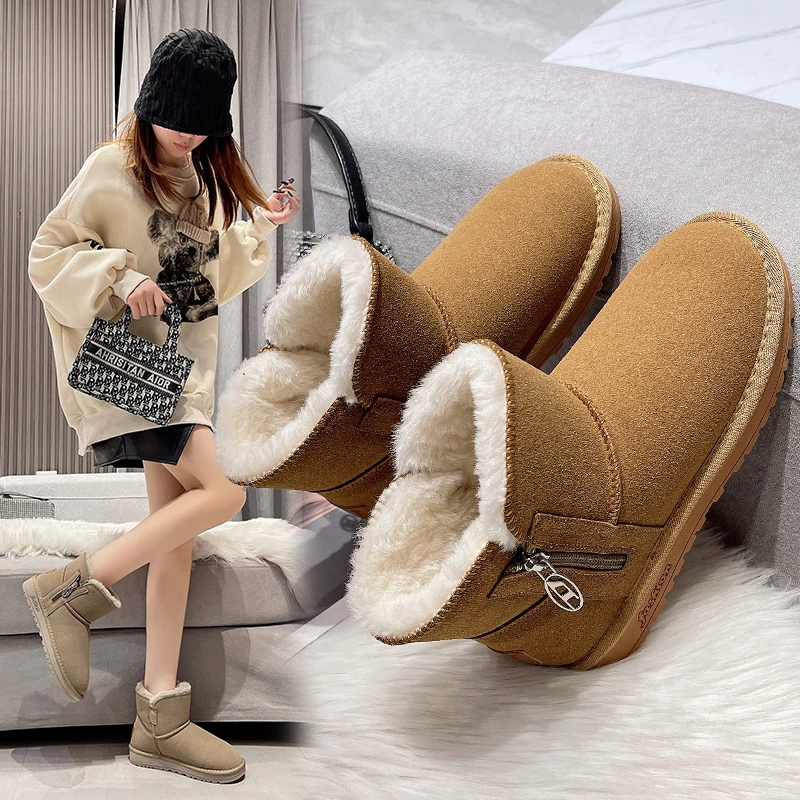 Winter Genuine Leather Plush Warm Walking Shoes Women Cow Suede With Faux Fur Furry Side Zipper Mini Boots Chelsea Flat Booties