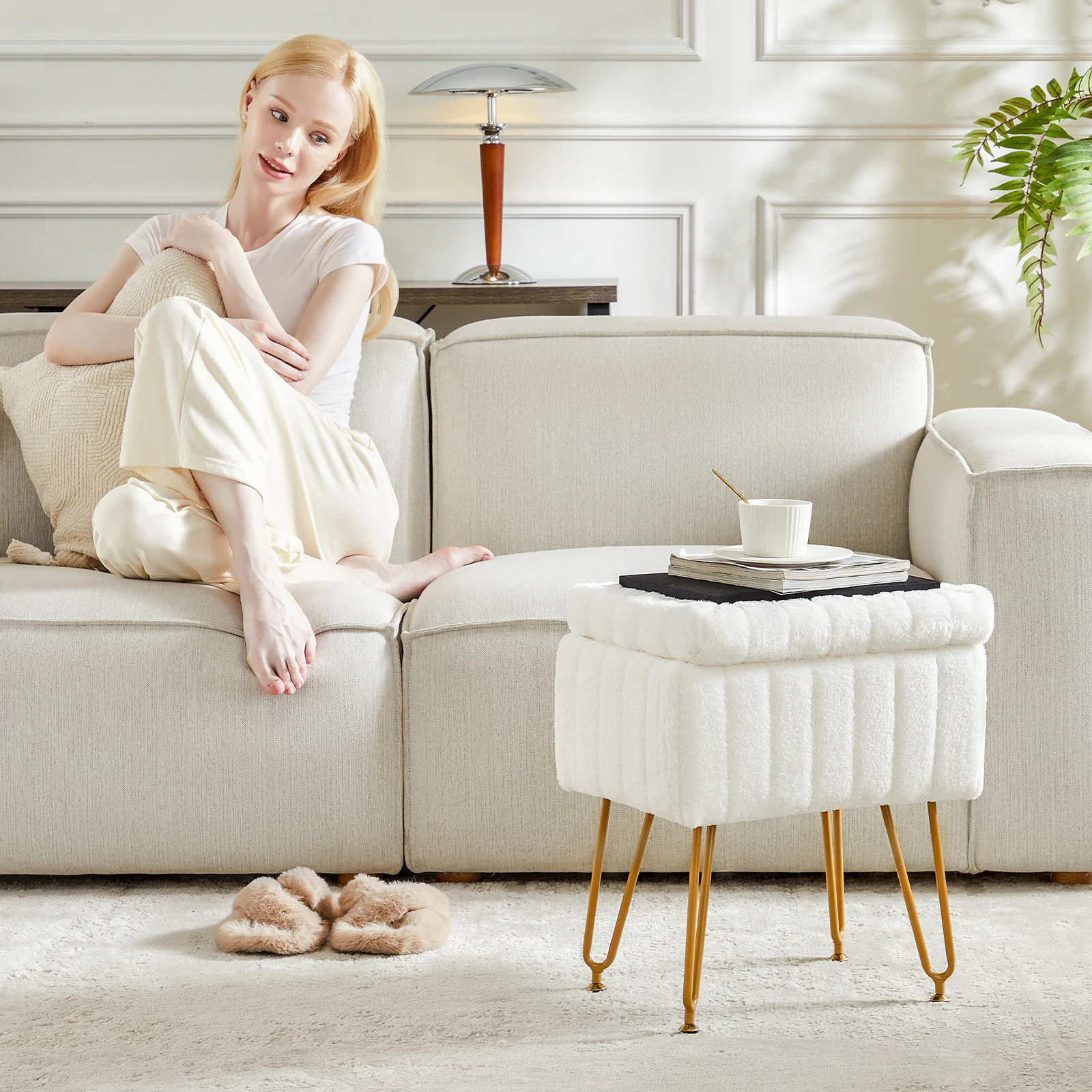 

JHK Османский стул из искусственного меха для гостиной, скрытые табуреты для хранения, мягкий макияж с 4 металлическими ножками, противоскользящие регулируемые ножки для дома