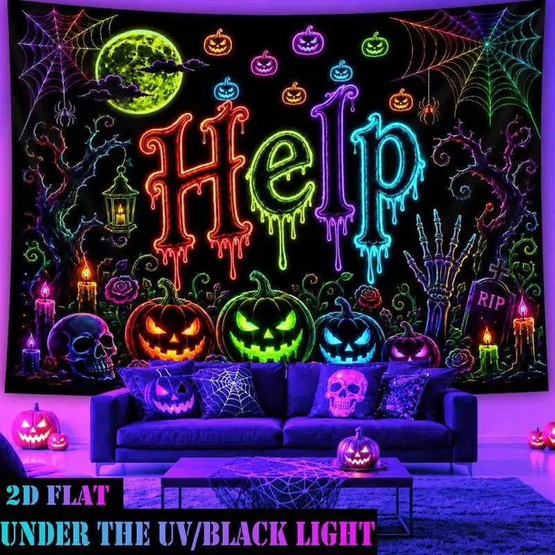 VIKAMA Neon Halloween Help Tapestry Pumpkin Skull Spider Web Polyester Wall Hanging Bedroom Dorm Living Room Neon Glow Party