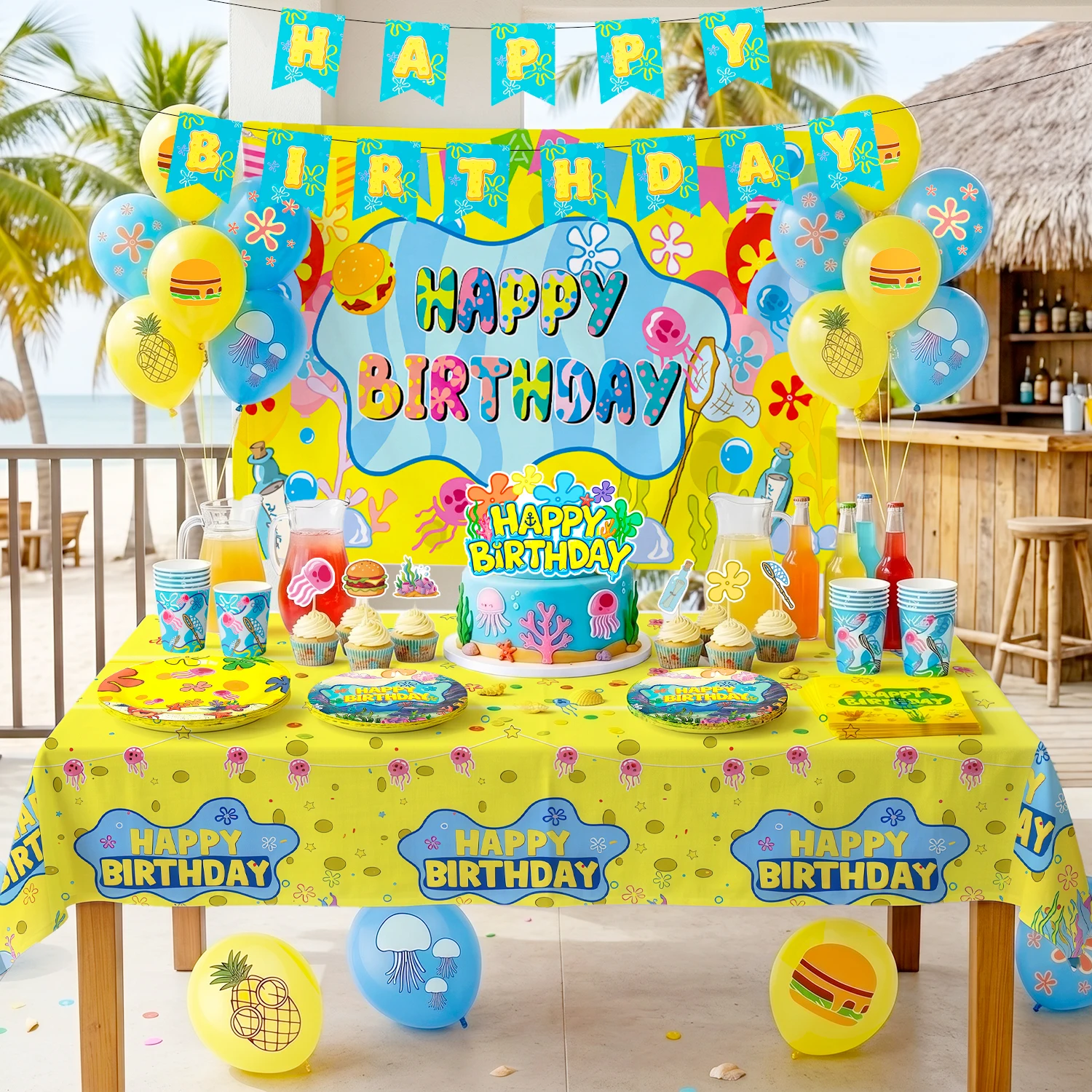 120 Pcs Sponge Birthday Decorations&Tableware Set-Anime Banner Balloons Plates Tablecloth etc Sponge Party Decorations Supplies