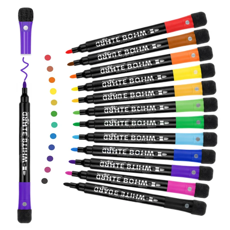 12COLORS Magnetic Dry Erase Markers, with Erasers, quick-drying ink, easy to write and erase，Office supplies, school supplies。