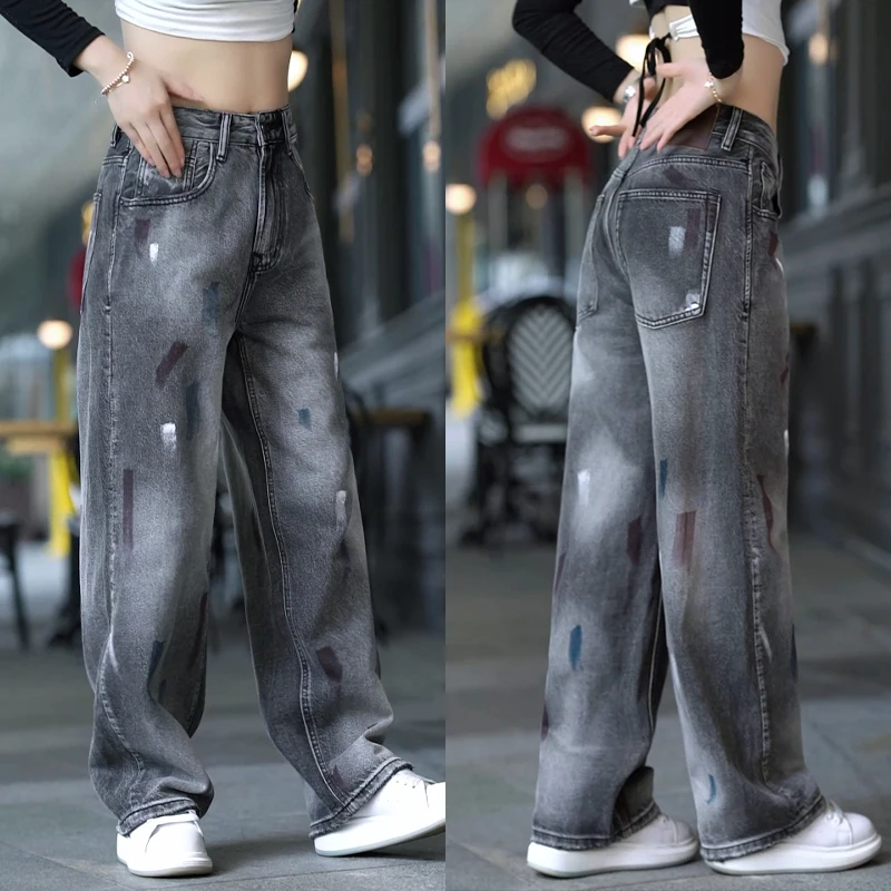 

Мужские джинсы прямого кроя Paint, универсальные, на осень-зиму, широкие брюки, модные брендовые повседневные прямые джинсы