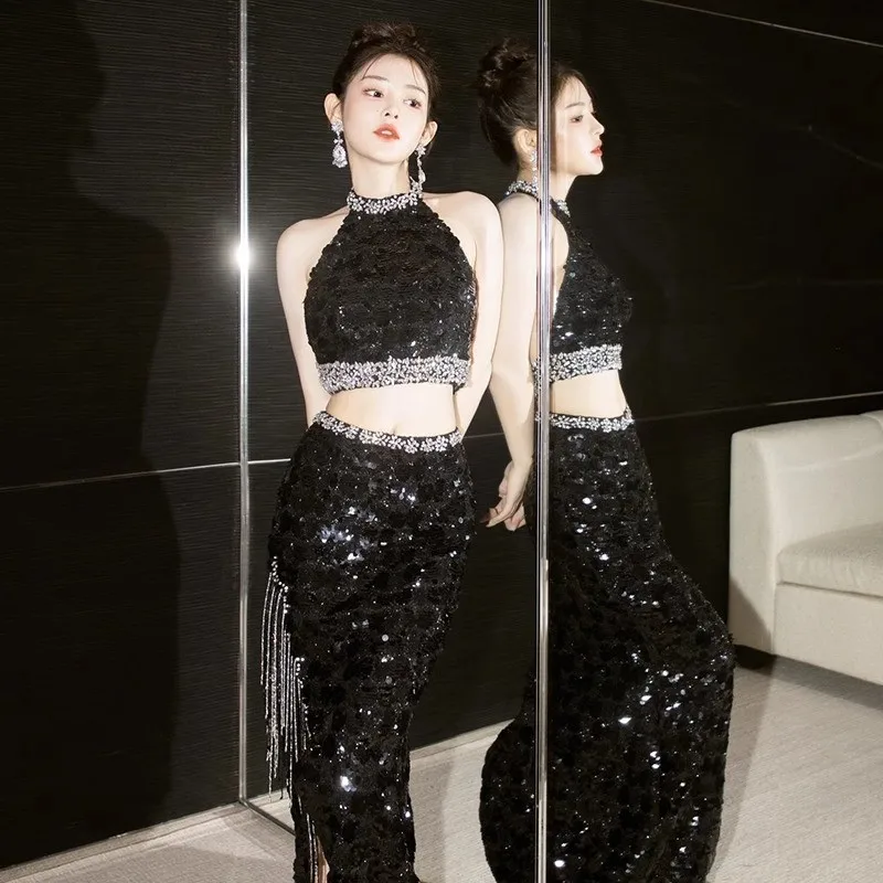 

Black Halter Sequined New Adult Ceremony Banquet Hip Skirt Backless Suit Women