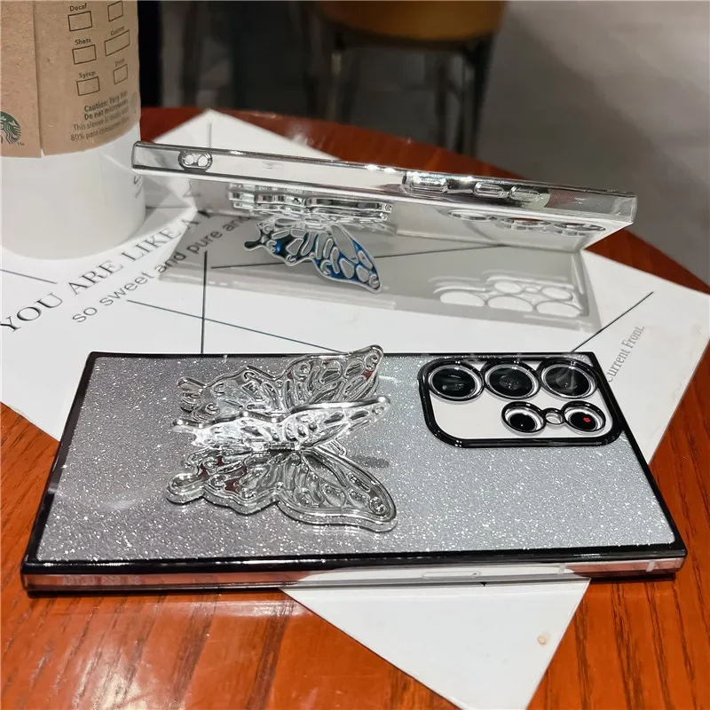 Luxury Butterfly Phone Holder Glitter Plating Case For Samsung S24 Plus S23 FE S22 Note 20 Ultra S21 S20 S10 S9 Plus Back Cover