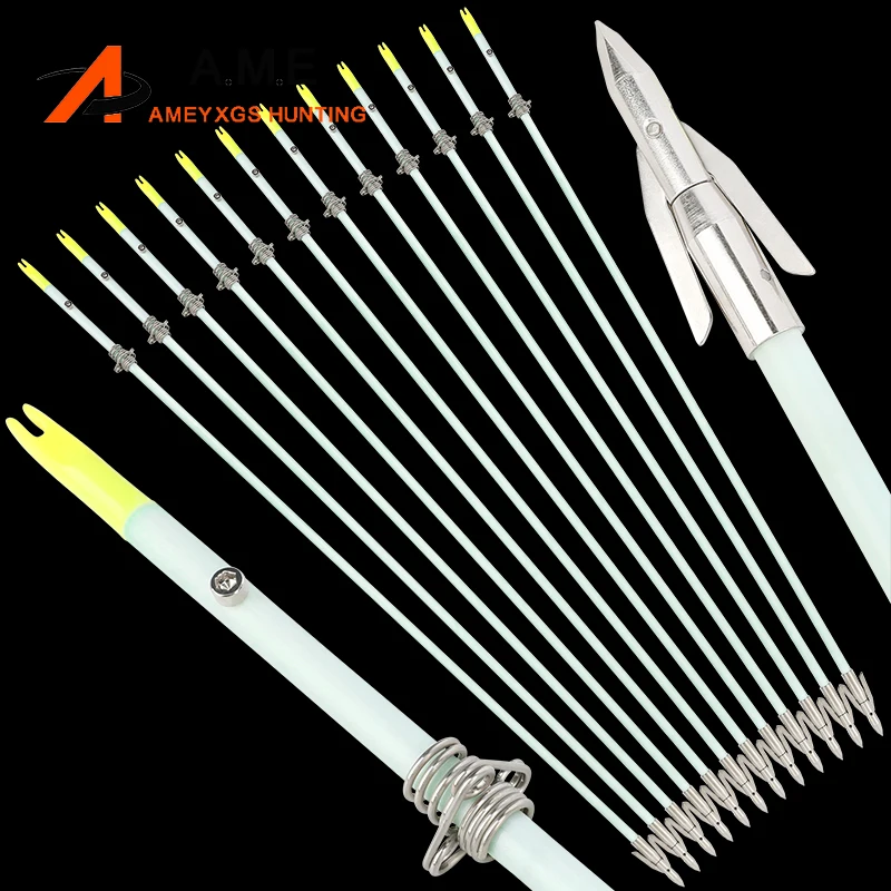 

6/12pcs Bowfishing Arrow OD 8mm Solid Fiberglass Carbon steel Arrowhead Hunting Fish Metal Fishings Slider for Archery Shooting