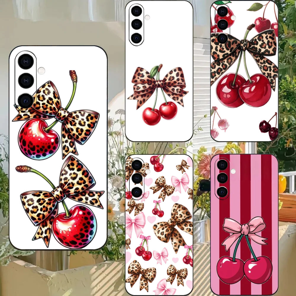 Fruit Bow Leopard Cherry Anti-Fall Transparent Printed Phone Case for Samsung Galaxy S26/S25/24/23/22/30/21/10/9,Ultra,Plus