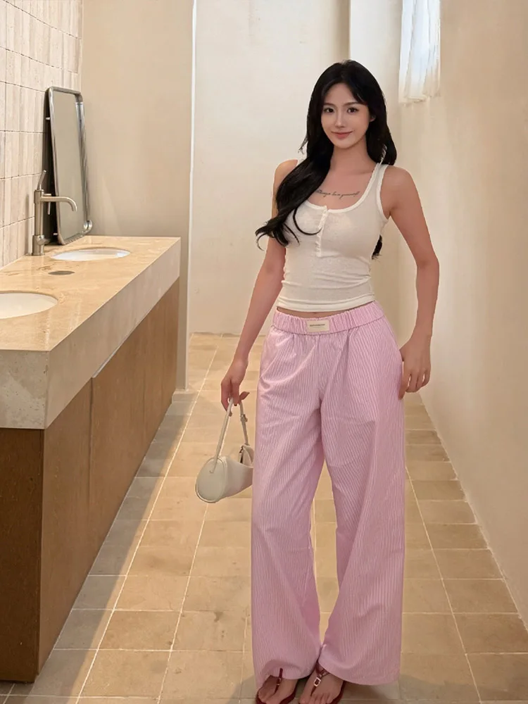 Classic striped wide head elastic waist thin pants for women