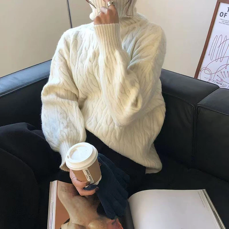 

Turtleneck Knitted Sweater for Women Autumn Winter Thick Loose Soft Pullover Sweaters Korean Solid Office Lady Warm Jumper New
