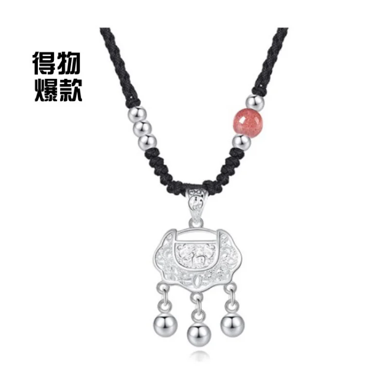 Peace Pendant Silver Longevity Lock Hanging Women'S Braided Rope Necklace