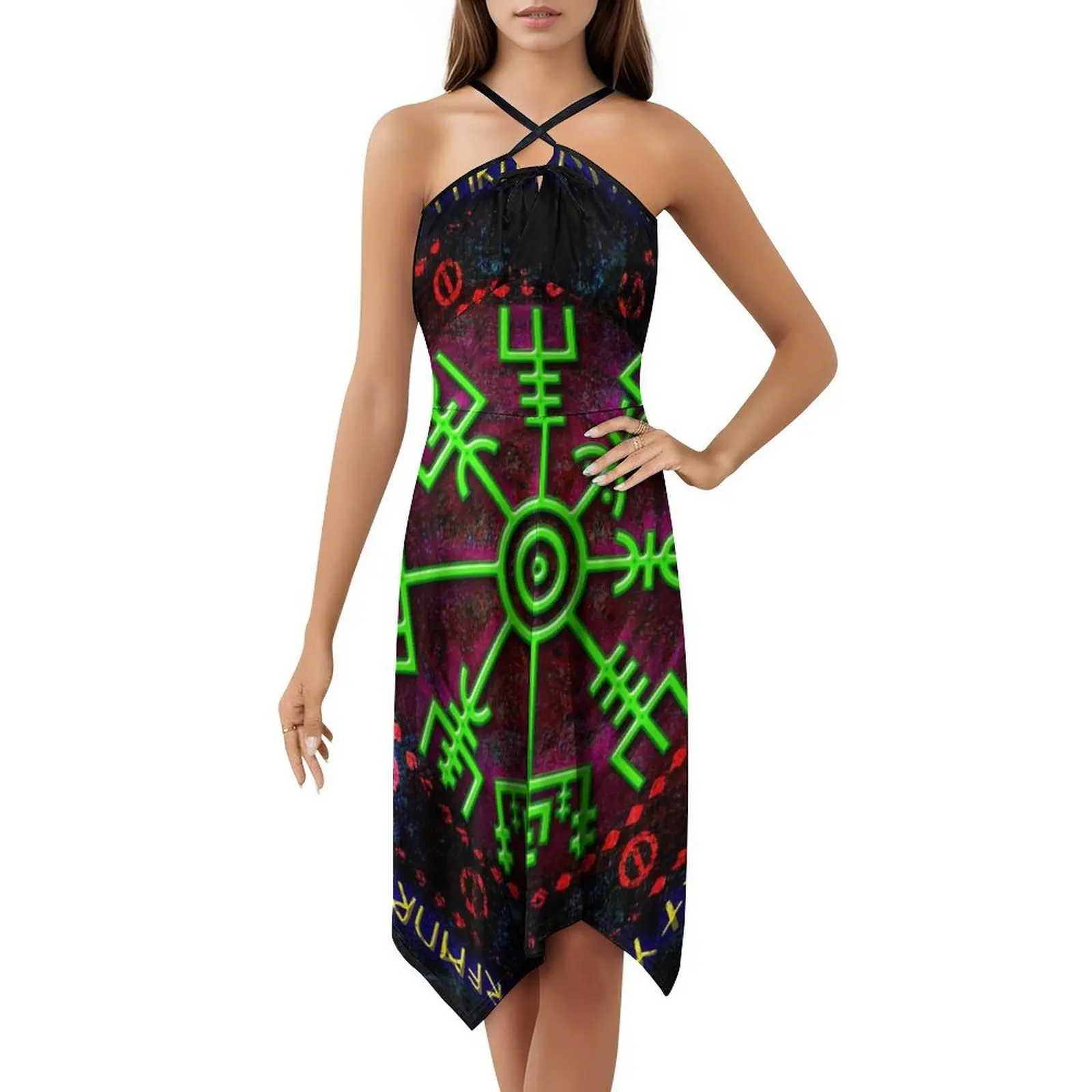 Vegvisir 07 B فستان حفلات نسائي ملابس الشارع الشهير ملابس نادي مطبوعة عصرية للإناث Vegvisir Rune رمز سحري باقان أنثى