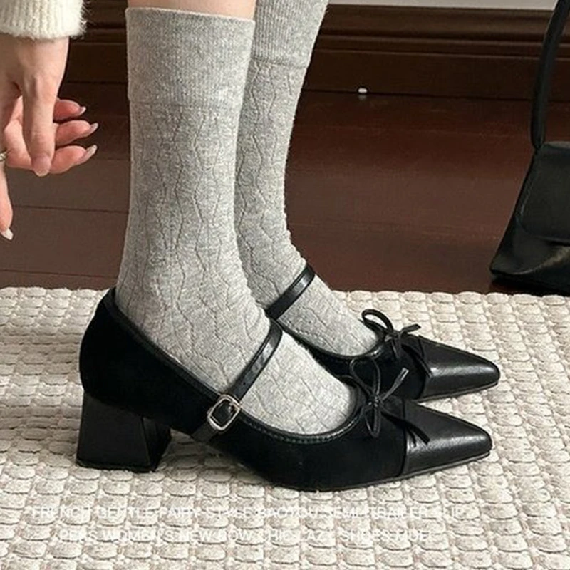 Bow Mary Jane Shoes Women High Heels Pointed Toe Shoes 2026 Autumn New Chunky Dress Shoes Elegant Shallow Pumps Mujer Zapatos