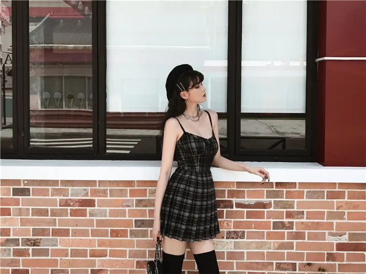 Ruibbit Spring Summer Preppy Style Gothic Girls Sexy Sling Dress Grey Balck Pleated Plaid  Women Sleeveless Mini Short Dresses