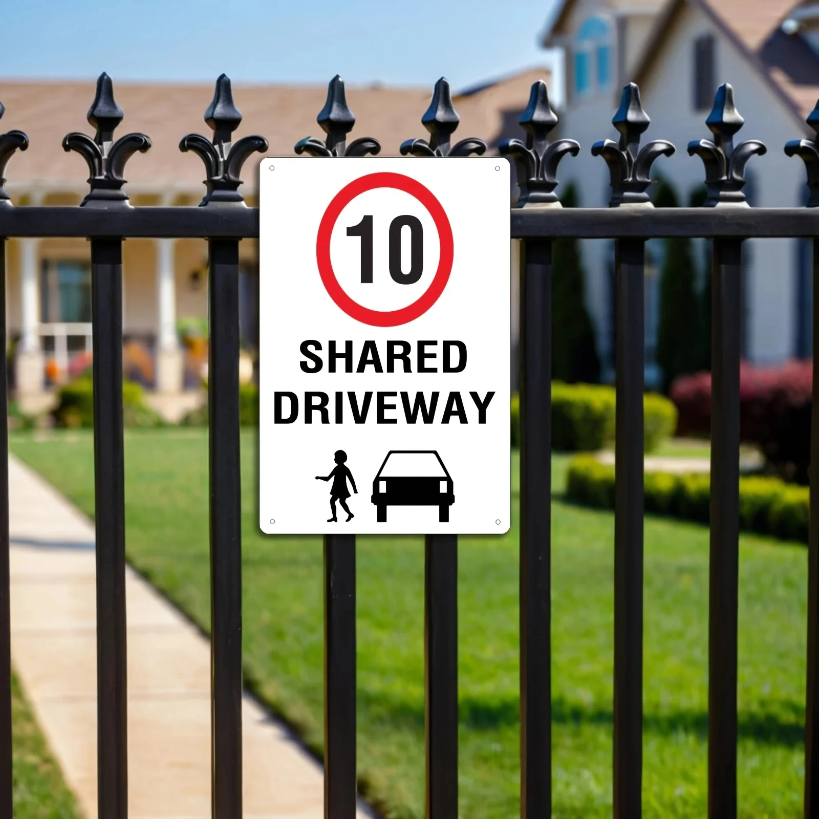 2D Flat - 1 Piece Shared Lane 10Km Speed Limit Metal Sign - Durable Iron Material, 8x12inch , Red and White Round Icon