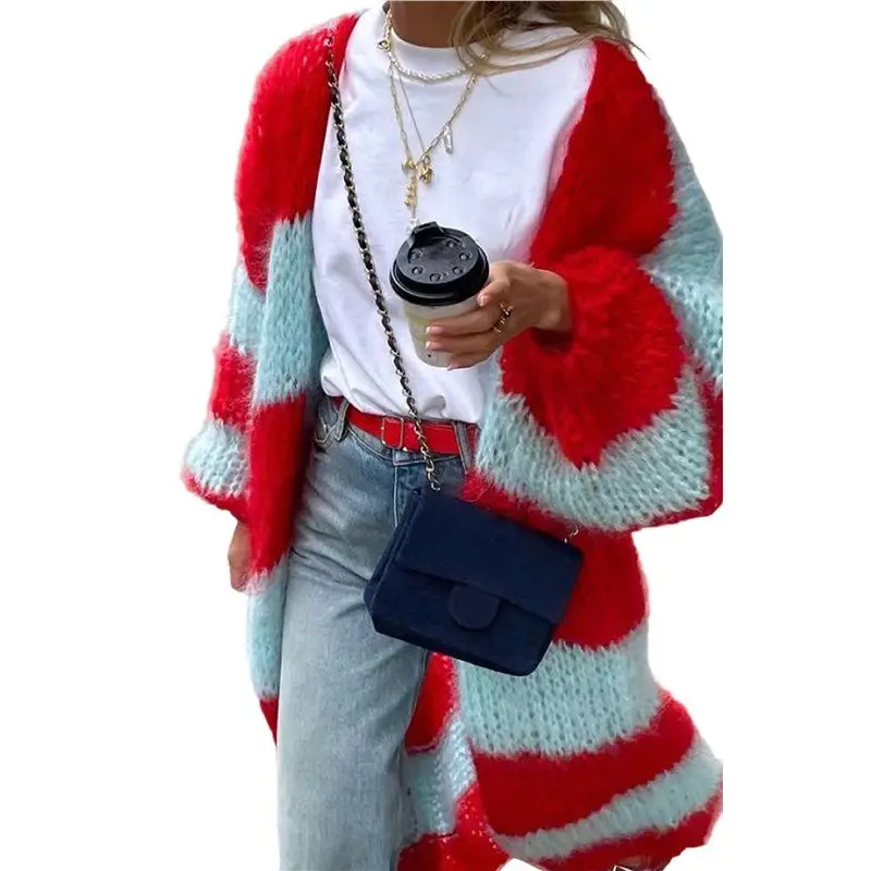 

Кардиган в полоску премиум-класса с цветными блоками, свободный вязаный длинный кардиган с открытой передней частью