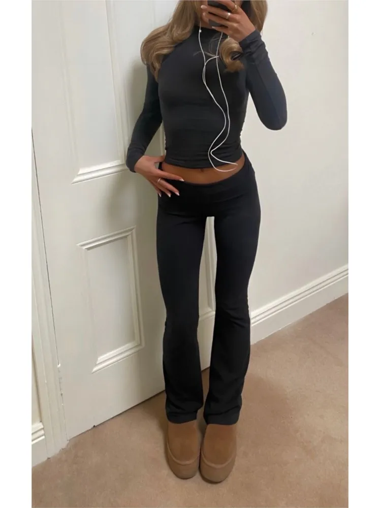 

Solid Color Casual Workout Two Piece 2026 Outfits Long Sleeve High Waist Fold-over Flare Flared Leggings Pants Tracksuit Sets