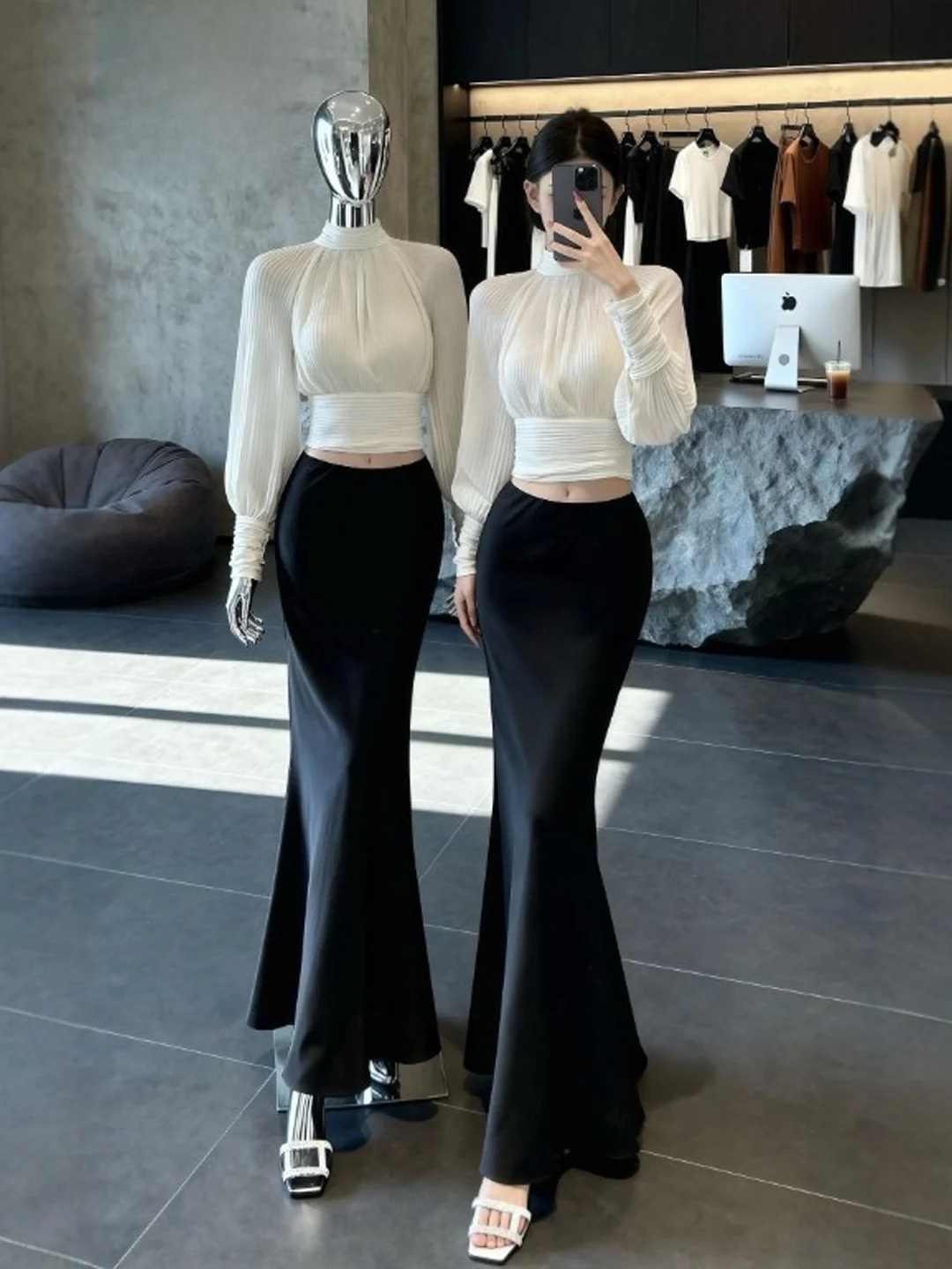 

Korean Sle Semi-Formal irt And Skirt Set Women's Faion Spring Outfit Comfortable Long Sve round Ne Two-Piece Ensemble