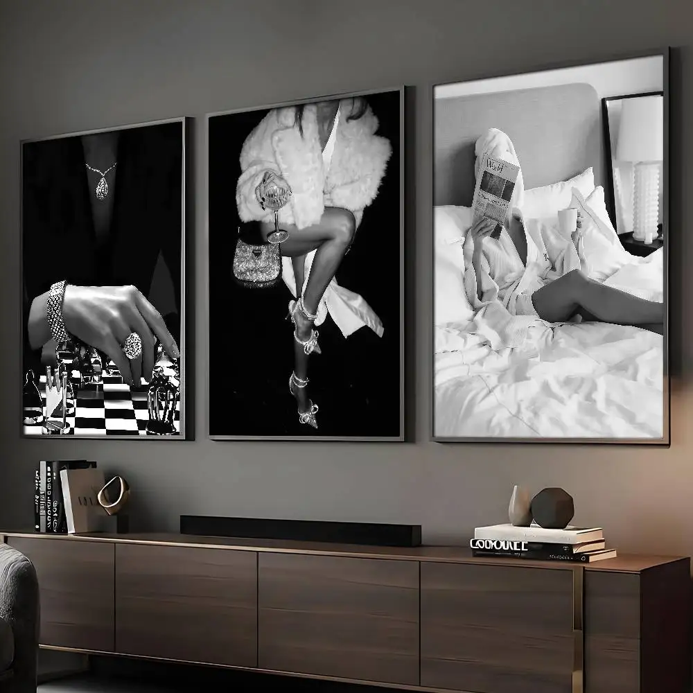 Moderne Luxus Mode Schwarz Weiß Kunst Heels Champagner Retro Poster Klebrige Wand Kunst Druck Wasserdicht Hause Wohnzimmer Schlafzimmer Bar