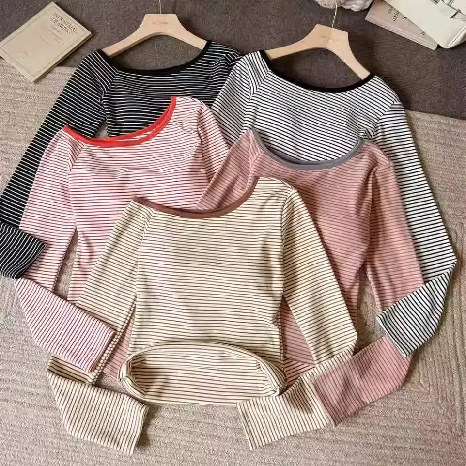 Early Autumn New Sweet Cashmere Long Sleeve T-Shirt Women's Slim Fit Fixed Strap Chest Pad Versatile Casual Striped Print Tee