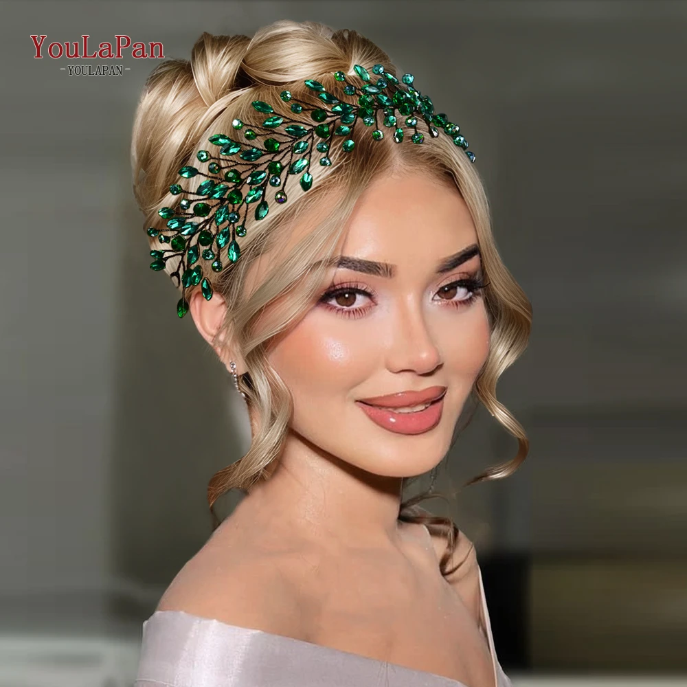 

YouLaPan Rhinestone Headband Bridal Wedding Jewelry Hair Accessories Handmade Green Crystal Crown Headress Party Gift HP799