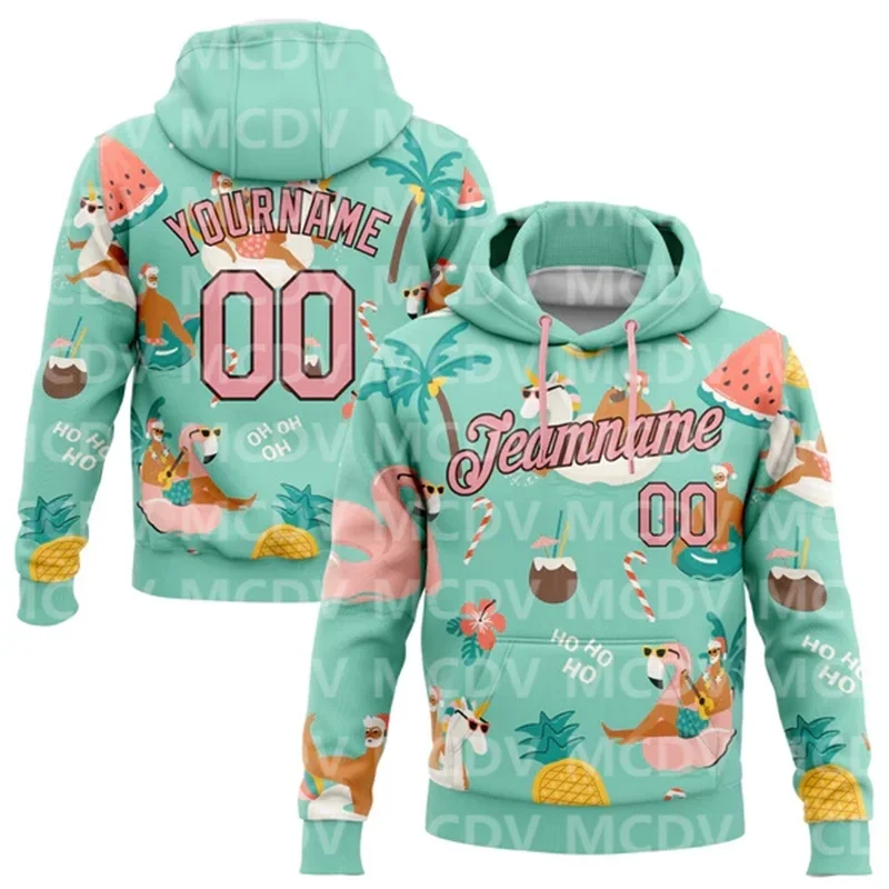 

Custom Stitched Aqua Medium Pink-Brown 3D Tropical Christmas Santas With Reindeers Flamingos Sports Pullover Sweatshirt Hoodie