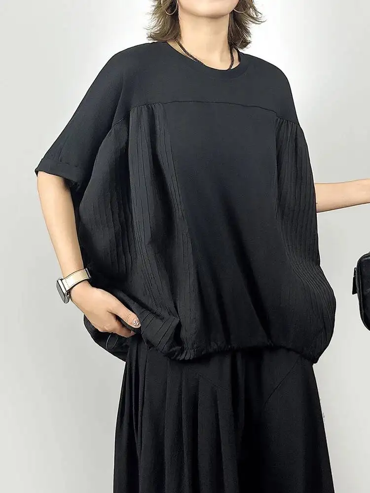 Black Drawstring Women Big Size T-shirt New Round Neck Short Batwing Sleeve Fashion  Spring Summer 2026 8707