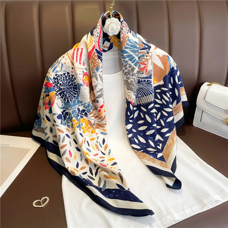 New Square Silk Scarf 90x90cm Luxury Brand Designer Hair Print Head Handkerchief Hijab Shawl Women Bandanna Foulard Muffler Wrap