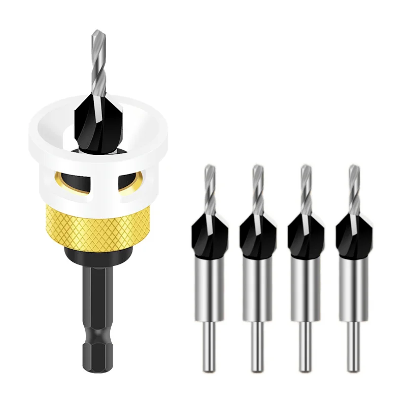 4-in-1 Countersink Drill Bits Set with Depth Stop 6.25mm Shank Woodworking Countersink Router Bit with 4 Replaceable Drill Bits