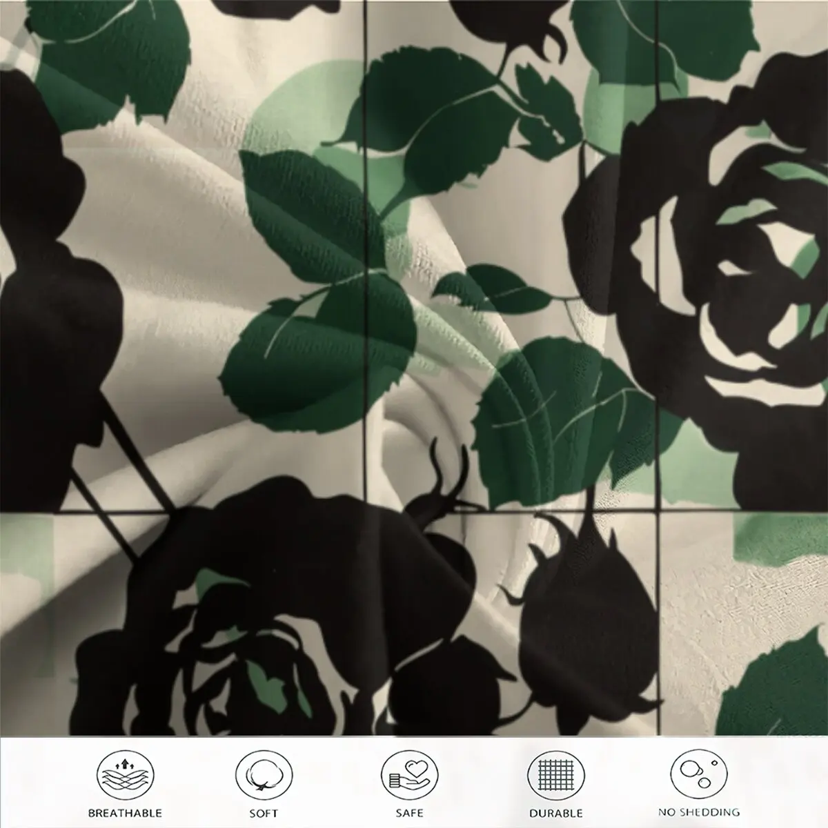 Juego de edredón de plumón con estampado de rosas y negro, funda nórdica estampada con geometría verde de gran tamaño, juego de 3 piezas con 2 fundas de almohada