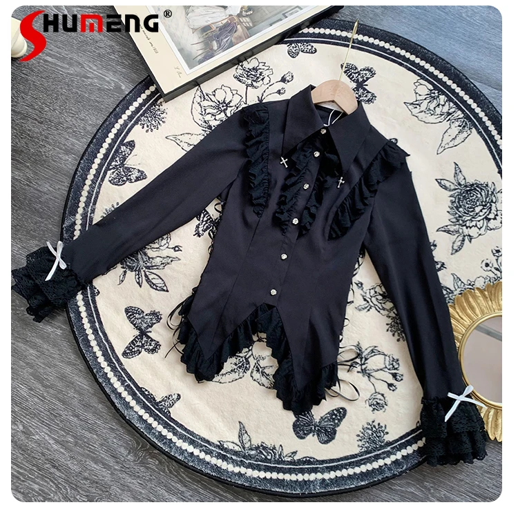 Gothic Harajuku Original Design Slim-Fit Elegant Fashion Long-sleeved Top Women Autumn Metal Cross Lace Black Shirt  Blouses