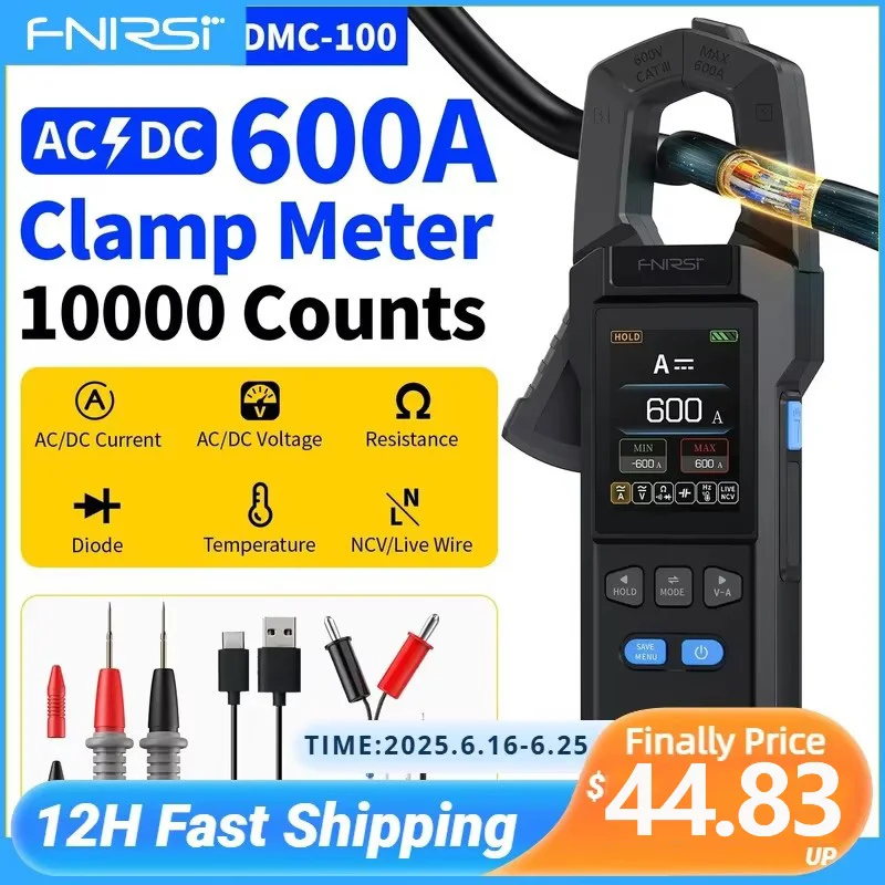 

FNIRSI DMC-100 10000 Counts DC AC Current USB rechargeable Clamp Meter Digital Multimeter 600A Amperimetric Clamp NCV Meter Tool