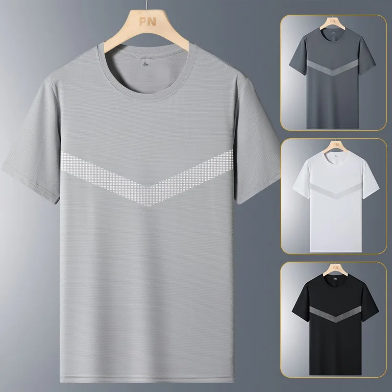 Summer Men's Ice Silk Elastic Casual Short Sleeved T-shirt UPF50+Lightweight Breathable Ice Feel Sunscreen Clothing