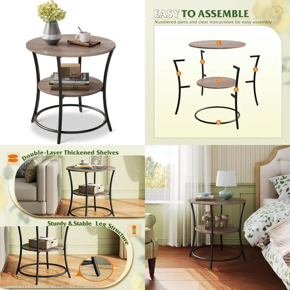 

Компактный круглый приставной столик с 2 полками, стальной каркас, отделка цвета серый меланж, для гостиной, спальни или как прикроватная тумбочка