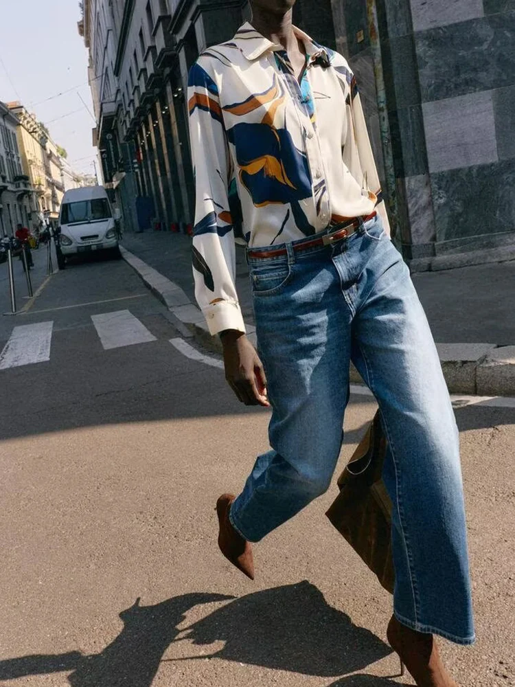 

European and American style autumn new fashion trend women's clothing design sense flower print satin texture shirt