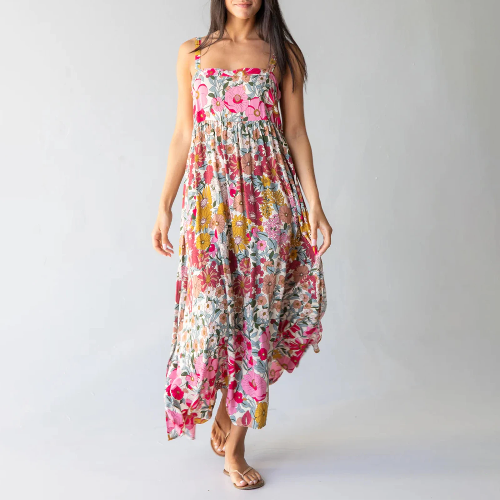 

Women Summer 2000s Aesthetic Spaghetti Strap Floral Dress Split Square Neck Loose Dress Retro Boho Flowy Holiday Maxi Sundress