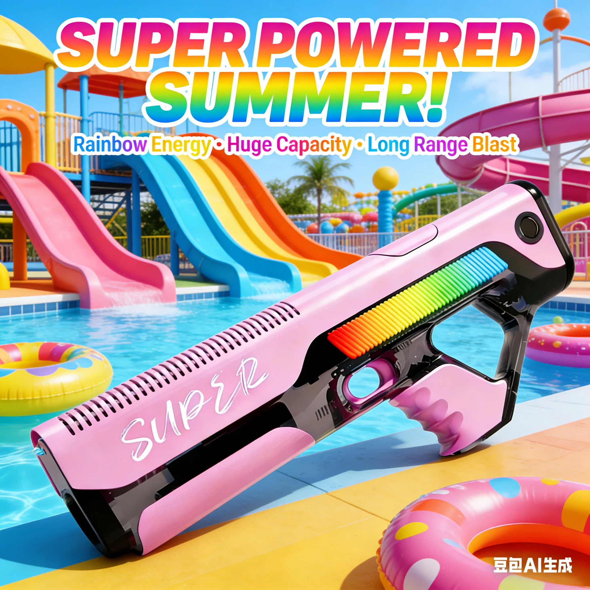 Electric Auto Water Gun, Rainbow Energy Design. Portable Blaster for Kids & Boys. Summer Beach Pool Fight Game Toy Gift
