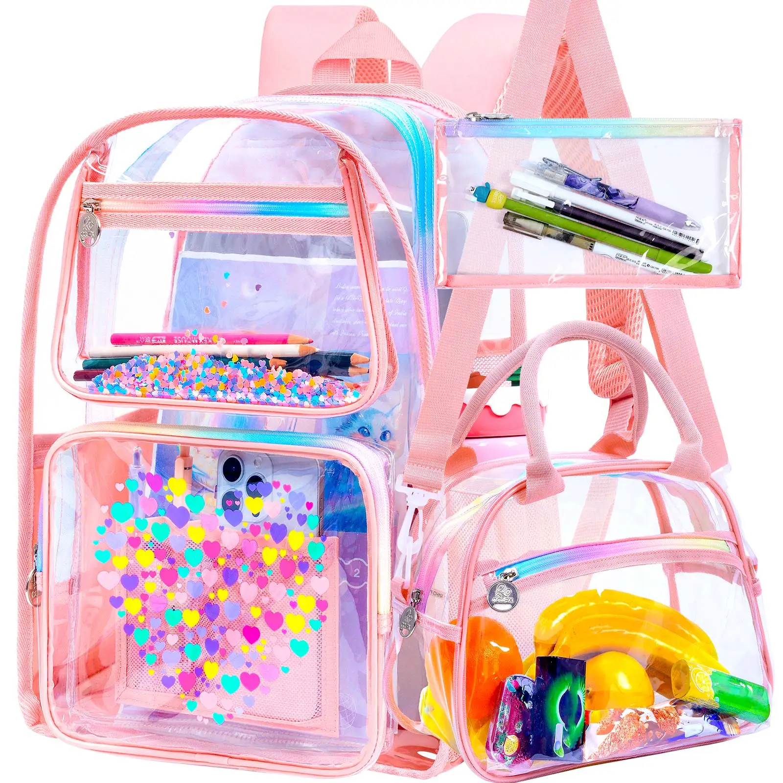3pcs-17in-clear-girls-backpack-set-pink-transparent-pvc-school-bag-with-rainbow-heart-glitter-handbag-pencil-case