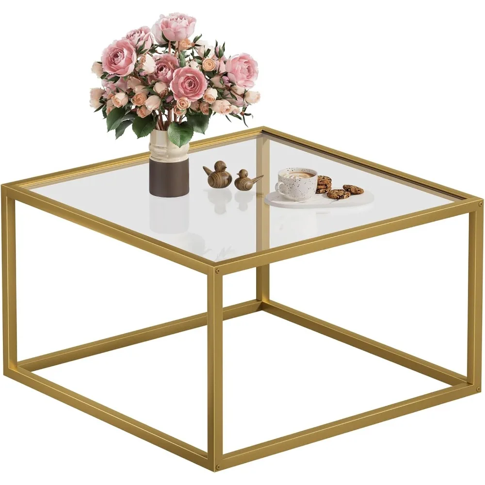 

Glass Coffee Table Modern Coffee Tables for Living Room Square Minimalist Center Tables for Home Office 26.7 x 26.7 x 17.7, Gol