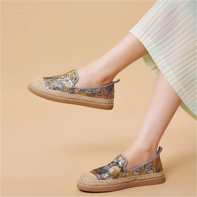 J&M Fisherman Shoes Women Flats Fashion Summer Sequins Flower Mesh Breathable Casual Shoes Slip-on Shoes Espadrilles Sneakers