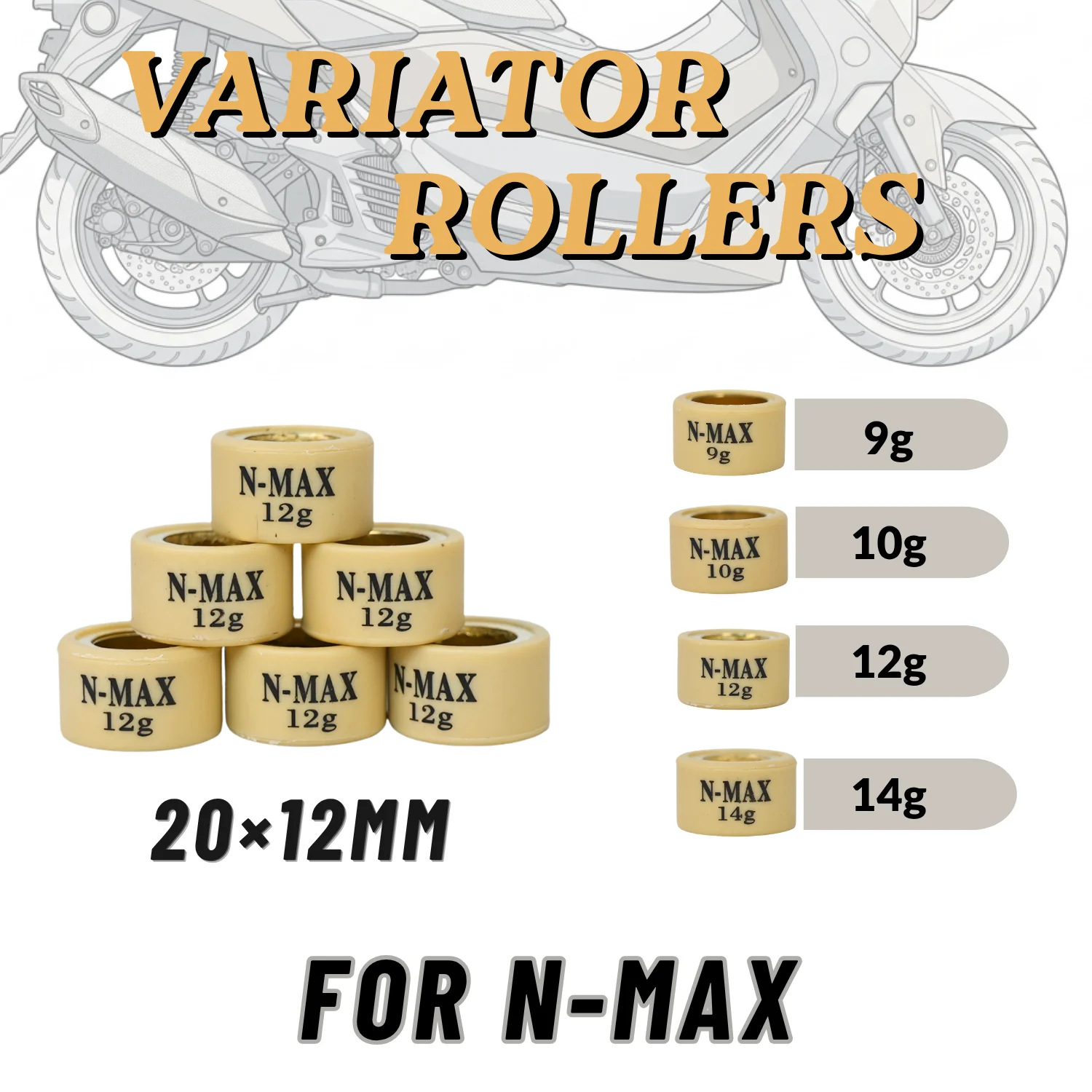 6pcs,20x12mm Motorcycle Variator Roller Weights, 9g/10g/12g/14g, Compatible with N-MAX and More Motorcycles.