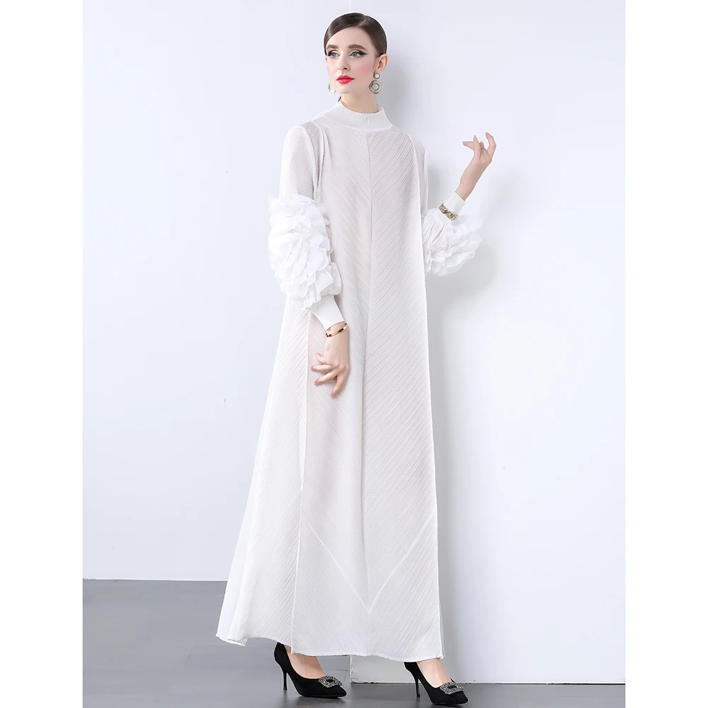 

SuperAen European and American Style Stand Collar Fashion Pleated Three-dimensional Decoration Petals Sleeve A-line Long Dresses