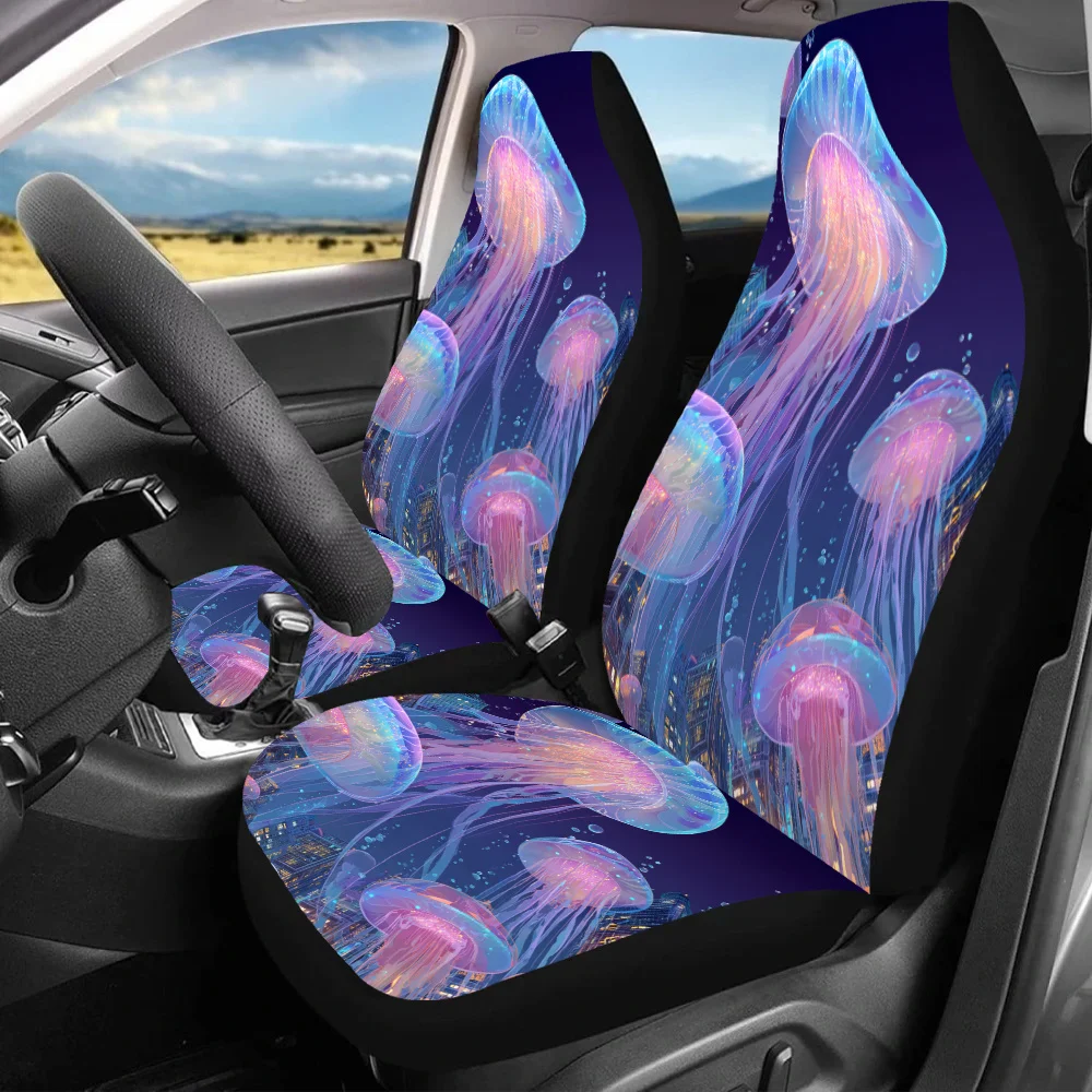 2pcs Neon Jellyfish City Car Seat Covers | Universal Fit, Polyester, Sponge Filled, Enhances Driving Pleasure, Ideal Gift For Fa