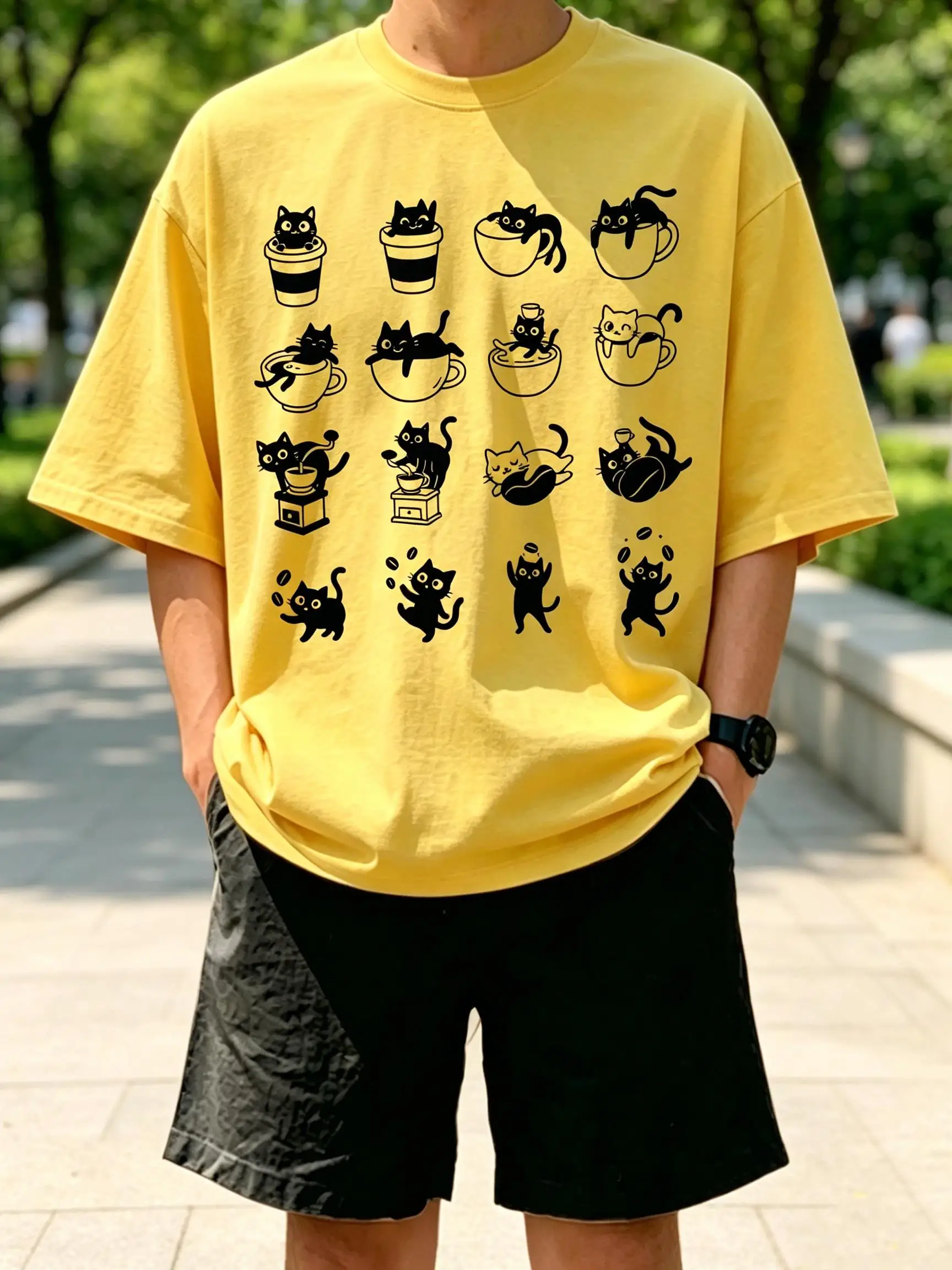 16-Style Coffee Cat Doodle Print T Shirt Men Cotton Loose T-Shirts Casual Crewneck Streetwear Comfortable Summer Clothing